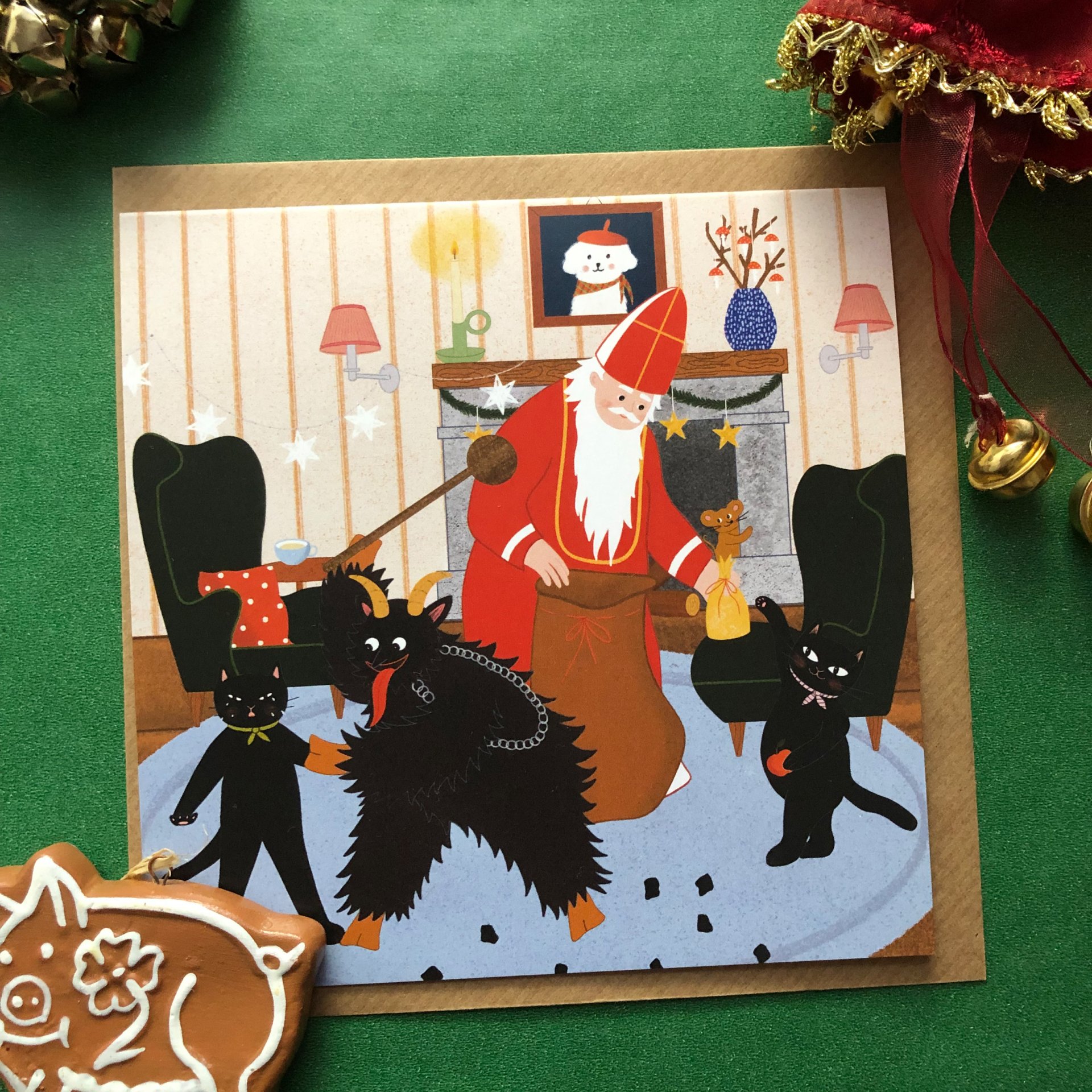 Vianočná pohľadnica s Mikulášom, čertom a mačkami