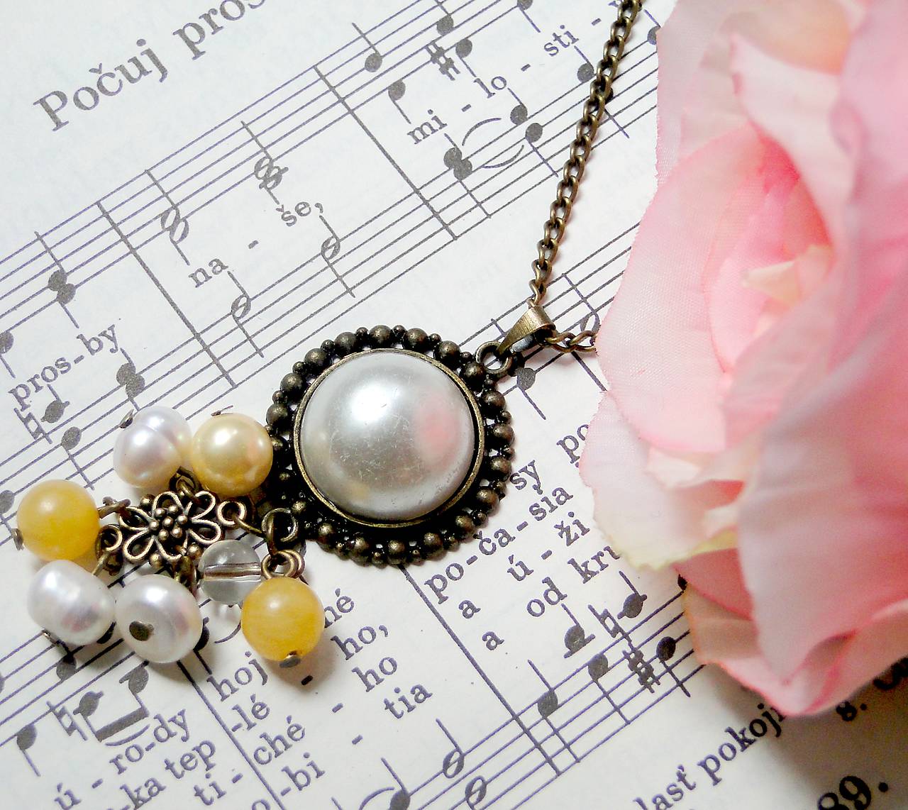 Yellow Topaz & Pearls / Vintage náhrdelník s topásom a riečnymi perlami