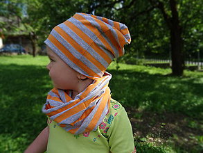 Detské čiapky - šmolko set oranžová a sivá pásik - 6978833_
