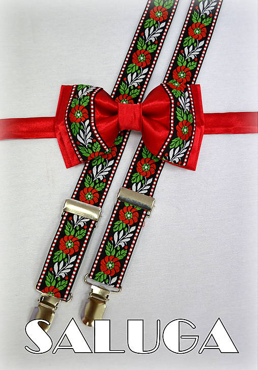 Pánske doplnky - Folkový - folklórny červený motýlik + traky, ľudový, krojový - 6980913_