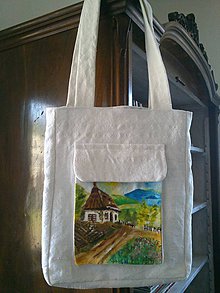 Veľké tašky - ľanová maľovaná taška Chalúpka - 6986003_
