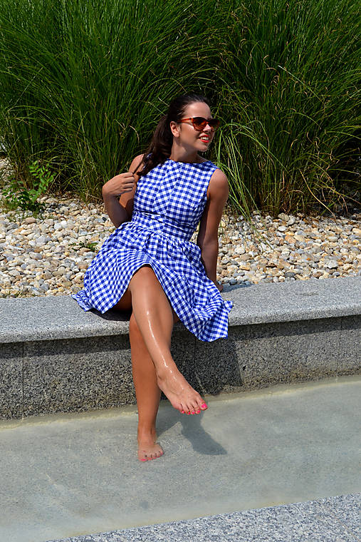  - Gingham veselé šaty v modrej  - 7009472_