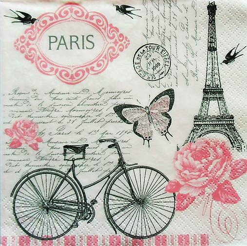  - S750 - Servítky - Paris, bicykel, motýl, vintage, ruža - 7038349_