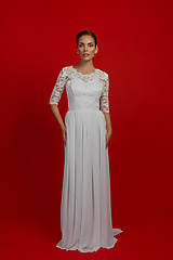 Šaty - Svadobné šaty s tri-štvrťovým rukávom a šifónovou nazbieranou sukňou - 7108071_