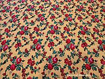 Textil - Krojová látka - červené kvety malé na žltom podklade - cena za 10 cm - 7116926_