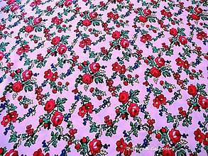 Textil - Krojová látka - červené kvety na ružovom podklade - cena za 10 cm - 7116908_