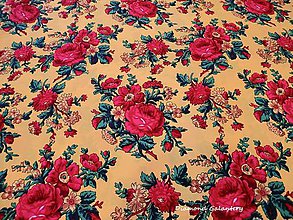 Textil - Krojová látka - červené kvety veľké na žltom podklade - cena za 10 cm - 7116917_