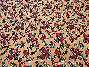 Textil - Krojová látka - červené kvety malé na žltom podklade - cena za 10 cm - 7116926_