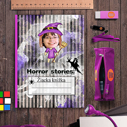 Hororová žiacka knižka pruhy (s vlastnou fotkou (čarodejnica/ježibaba)