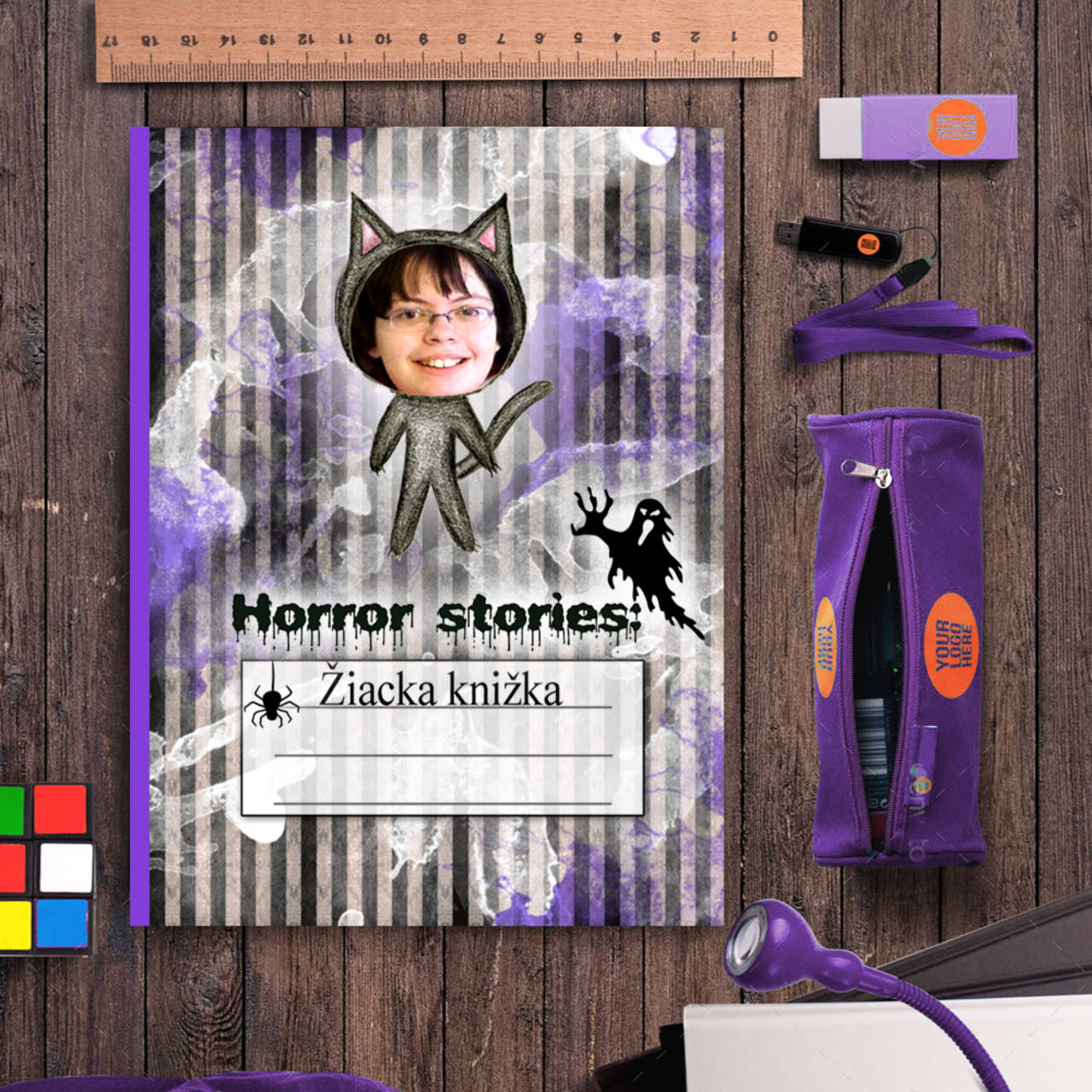 Hororová žiacka knižka pruhy (s vlastnou fotkou (čierna mačka)