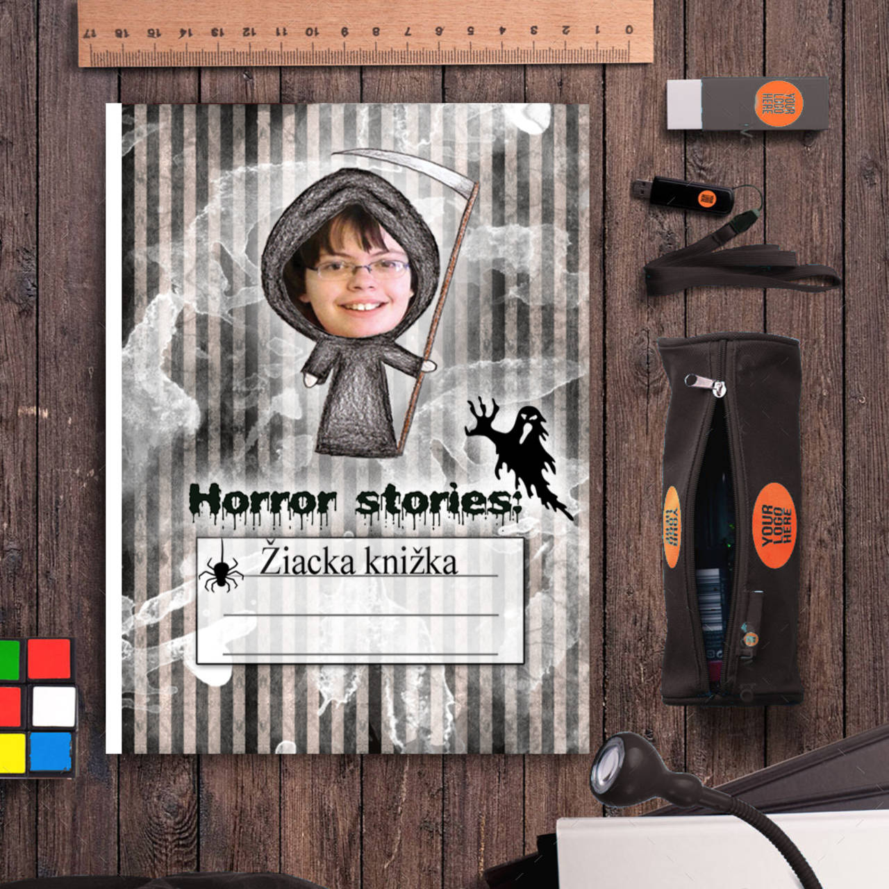 Hororová žiacka knižka pruhy (s vlastnou fotkou (roztomilá smrť)