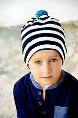 Detské čiapky - Elf čiapka prúžok Navy & tyrkis - 7156593_
