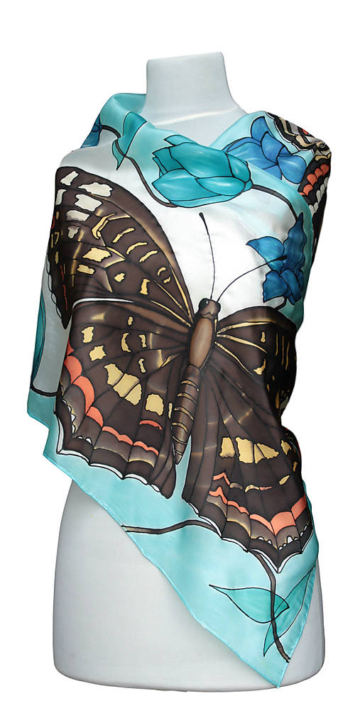 Ručne maľovaný hodvábny šál - Motýľ a tyrkys