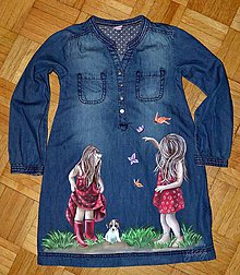 Detské oblečenie - riflové šaty ručne maľované - 7191984_