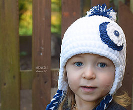Detské čiapky - Zimná ušianka s brmbolcom "modrá na snehu" I. - 7198938_
