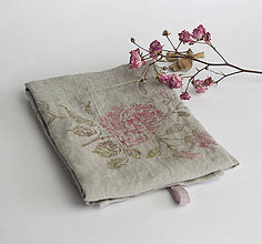 Úžitkový textil - Ľanová utierka s ručnou potlačou ruží - 7275600_