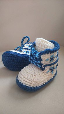Detské topánky - Háčkované čižmičky "šnurovacie modré" - 7281238_