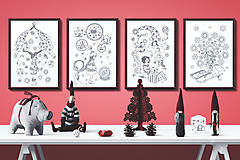  - Kúzelné Vianoce - Séria 4 plagátov - čiernobiele ilustrácie / maľovanky - 7320637_
