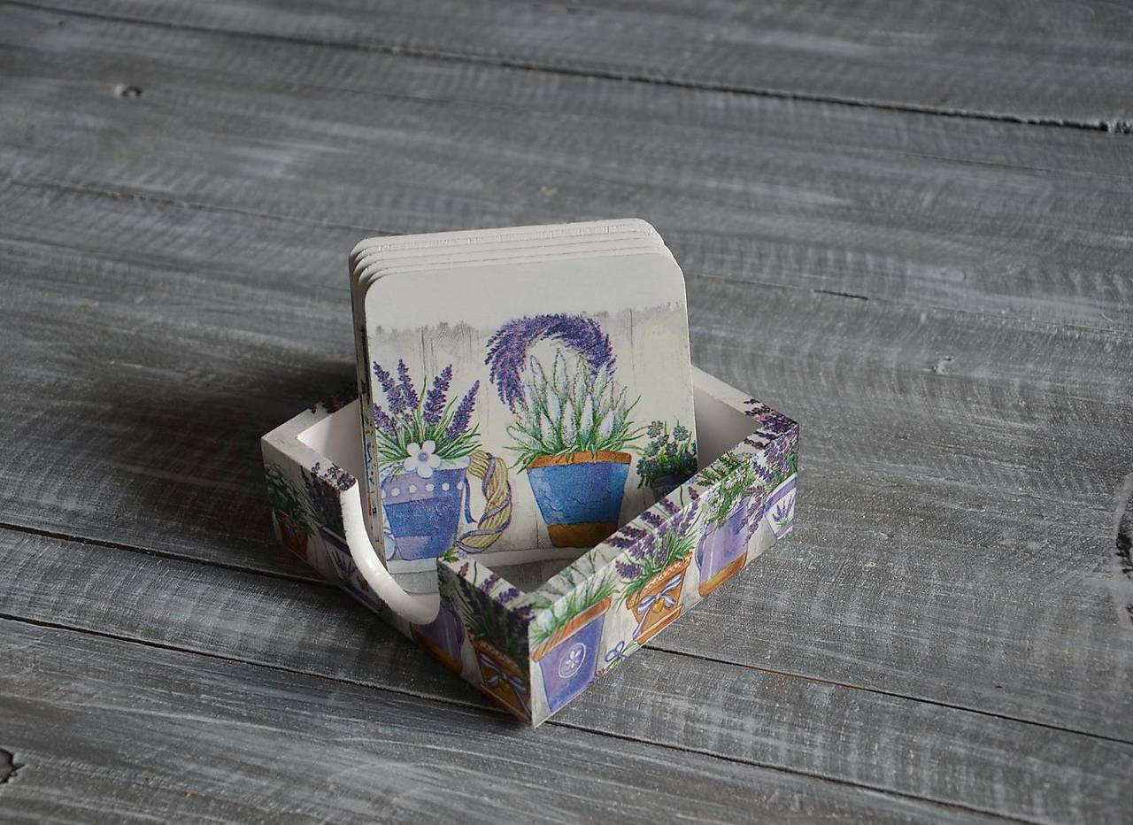 podložky pod šálku/pohár 6 ks + box - "Levanduľa v kvetináčoch"