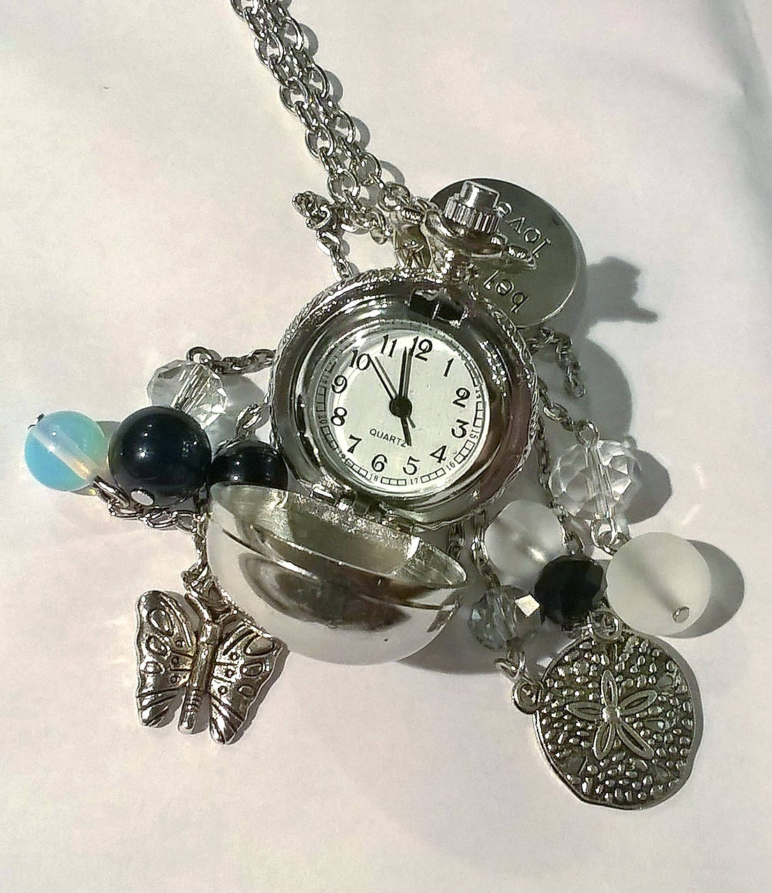 Silver Elegant Pocket Watches Pendant / Náhrdelník s hodinkami, príveskami a minerálmi