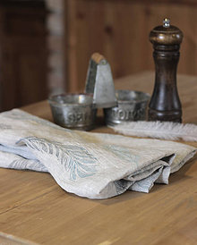 Úžitkový textil - Ľanové utierky - set 2ks s ručnou potlačou tyrkysovo-šedých pierok - 7411775_