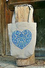 Nákupné tašky - Ľanová taška Srdiečko, ručne maľovaná (modrá) - 7438044_