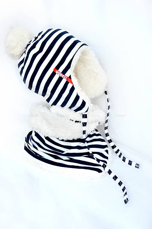 Detské súpravy - zimný set s menom navy pruhy & fleece cream - 7581866_
