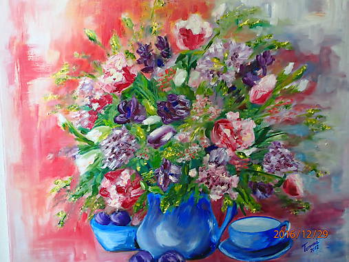 Obrazy - kytica so šálkou - 7613359_