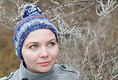 Čiapky, čelenky, klobúky - Zimná pletená čiapka s brmbolcom ... "modro-hnedá dúha" - 7624256_