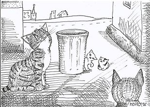 Kresby - Mačičky, smetný kôš a sídlisko -- fixka - 7622201_