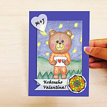 Papiernictvo - Medvedík - valentínska pohľadnica (nočná (kvet2)) - 7643015_