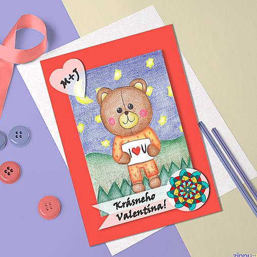 Medvedík - valentínska pohľadnica (v noci (kvet 5))