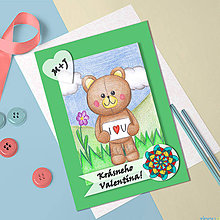 Papiernictvo - Medvedík - valentínska pohľadnica (v tráve (kvet 5)) - 7644488_