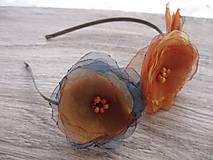 Ozdoby do vlasov - Kovová čelenka s organzovými kvietkami (Kvietková čelenka oranžovo modrá - č.678) - 7675692_
