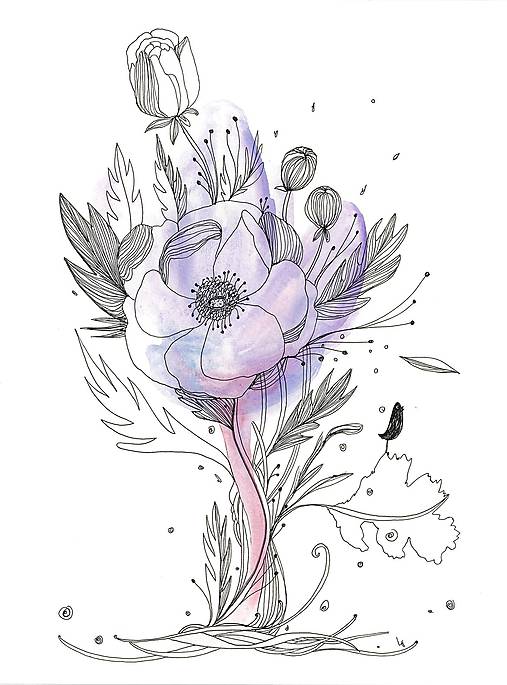 Kvetiny V, akvarel, kresba