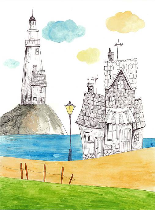Seaside town 1, akvarel, kresba