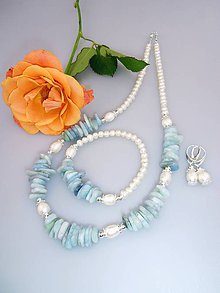 Sady šperkov - akvamarín perly a striebro náhrdelník náramok náušnice - 7707566_