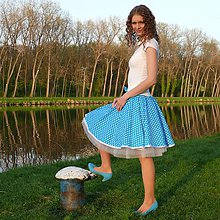 Sukne - Tyrkysová puntíkovaná sukně - 7735859_