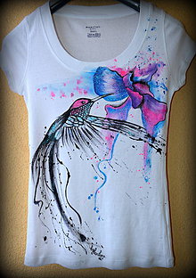 Topy, tričká, tielka - ručne maľované tričko - kolibrík - 7759897_