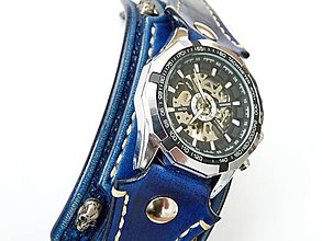 Náramky - rockové hodinky modré, kožený náramok lebka - 7785480_