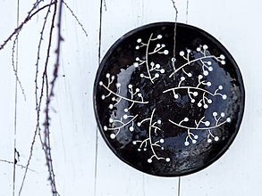 Nádoby - Keramická misa v škandinávskom štýle, čierna s vetvičkami - 7861662_
