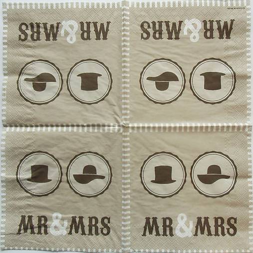 S957 - Servítky - mr&mrs, klobúk, ženích, nevesta, svadba