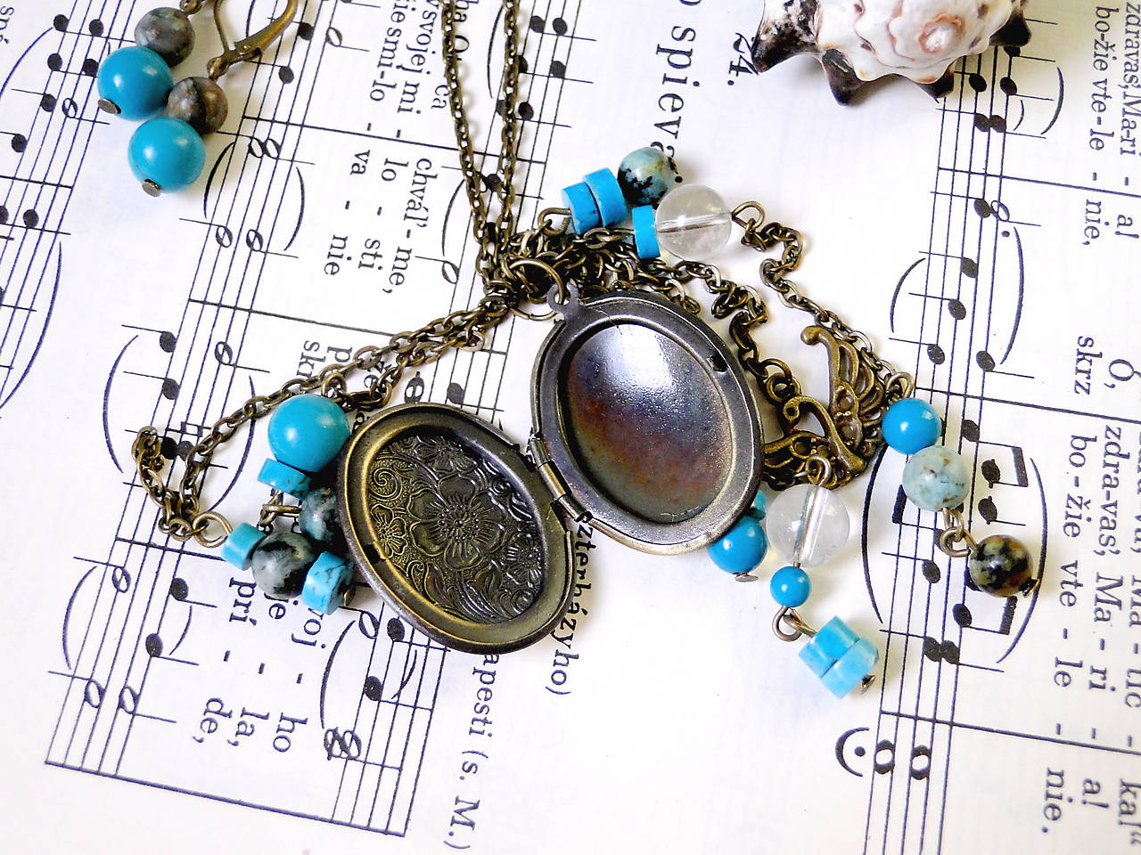 Turquoise Locket Necklace & Earrings / Set medailónu a náušníc s tyrkysom