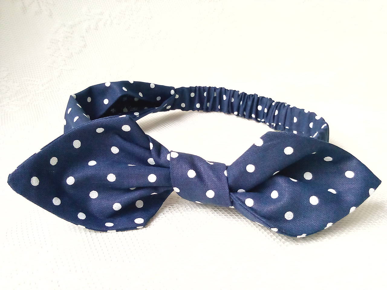 Pin Up headband on elastic (dark blue/white polka dots)