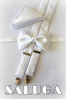 Pánske doplnky - Biely svadobný pánsky motýlik a traky - vzorovaný - pre ženícha - 8037954_