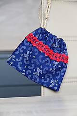 Úžitkový textil - vrecko "modrotlač s červenou krajkou - 8057415_