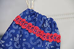 Úžitkový textil - vrecko "modrotlač s červenou krajkou - 8057416_