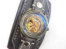 Náramky - Čierny kožený remienok s bronzovými hodinkami - 8061952_