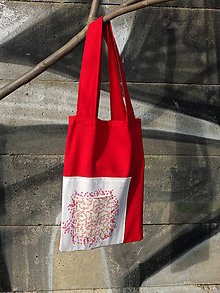 Nákupné tašky - červeno-bílá taška s lístečky - 8079712_