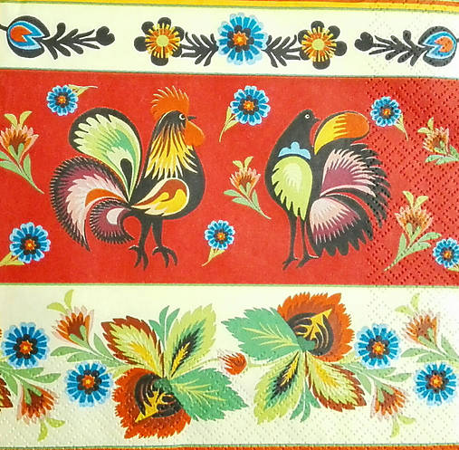  - Servítka "Folklore roosters cream and red", ihneď - 8137668_